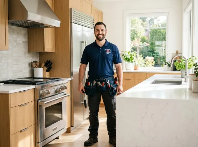 Appliance Repair Hero technician in a Accord, MA kitchen after an appliance repair