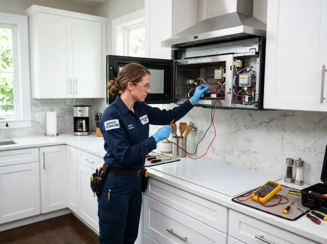 Appliance Repair Hero technician testing an over-the-range microwave in a Accord, MA kitchen